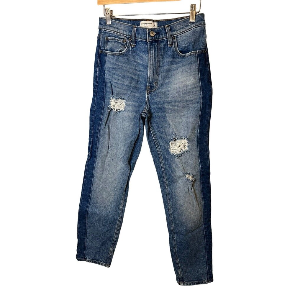 Abercrombie & Fitch The Mom High Rise Jeans 27/4 Medium Wash Distressed EUC